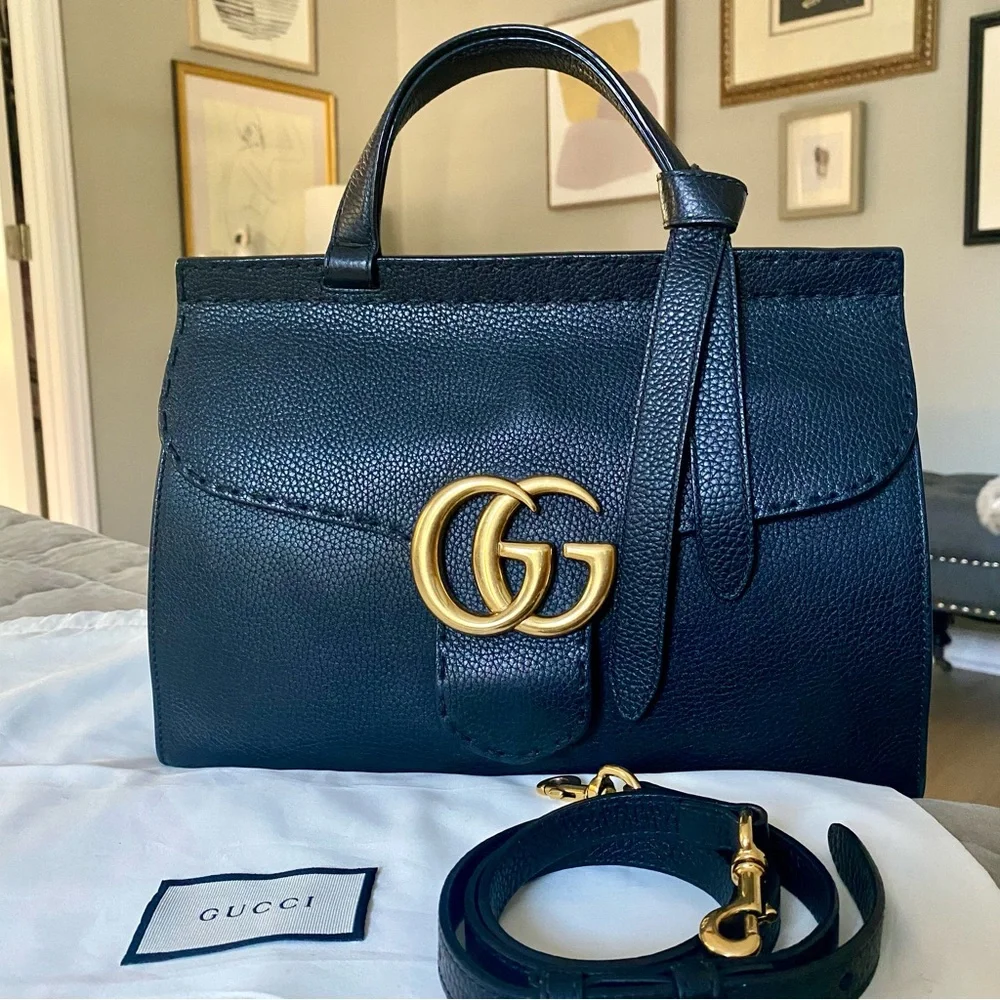 GUCCI GG MARMONT LEATHER TOP HANDLE BAG 421890 BLACK - Picture 1 of 15
